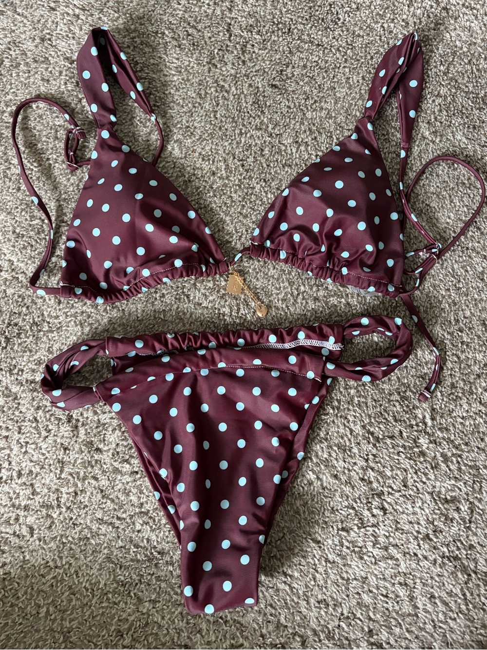 Polka Dot Triangle Bikini Set in Burgundy with Light Blue Dots